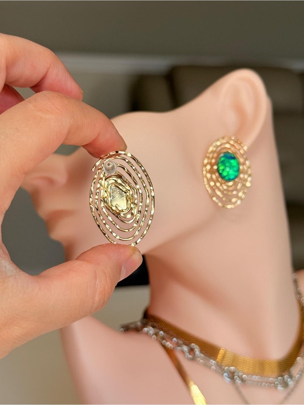 Gold-Tone Earrings with Green Opal Center - Women Jewelry - Picture 5 of 11